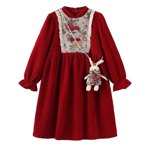 女童冬装年服红色新年主持儿童女孩连衣裙丝绒女中大童喜庆裙子 商品图4