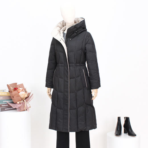 FOCALS冬季新款撞色拼接修身连帽保暖长款羽绒服FRRDD679N1 商品图0