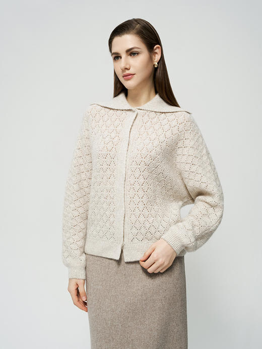 【羊绒+桑蚕丝镂空开衫】羊绒世家秋冬新品女士小翻领针织保暖外套 商品图1