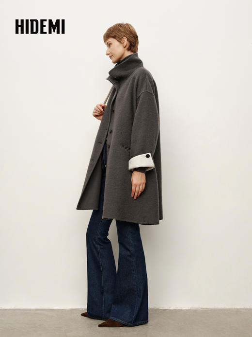 HIDEMI 进口新西兰羊驼毛拉绒做旧感不对称廓形长款大衣 炭灰色 商品图5