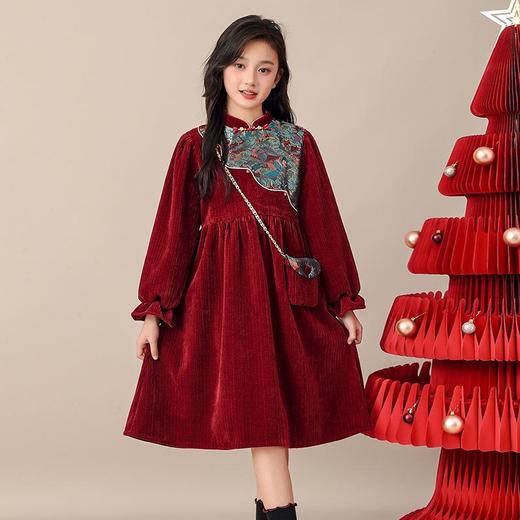 女童红色连衣裙年服加绒加厚小女孩甜美冬装国风秋冬2025新款裙子 商品图0