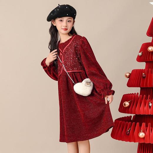 儿童一体绒公主裙连衣裙红色冬季裙子假两件女童新年加绒秋冬礼服 商品图3