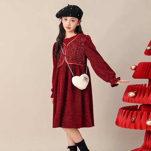 儿童一体绒公主裙连衣裙红色冬季裙子假两件女童新年加绒秋冬礼服 商品图2