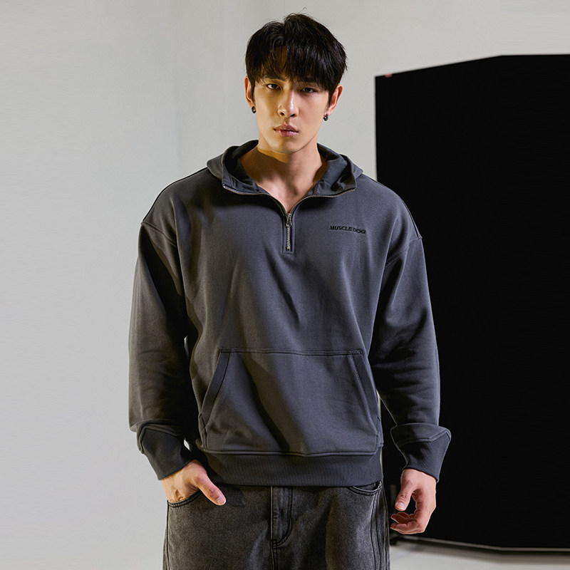 肌肉狗半拉链连帽卫衣男春秋时尚字母绣花宽松休闲训练健身套头衫