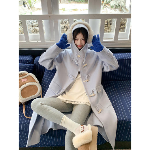 <曾小咸推荐>现货秒杀 ！微信超特价！韩系连帽牛角扣毛呢外套 日常489.99 立减250 秒杀239.99！！ 商品图1