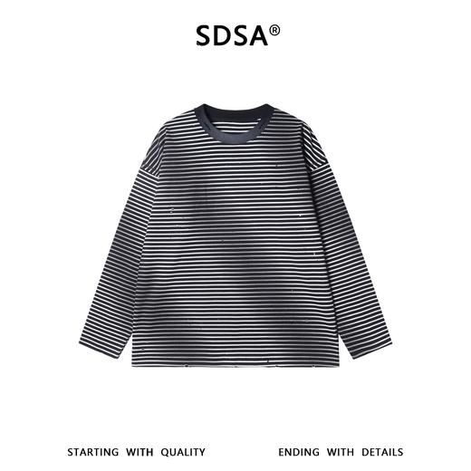 8230SDSA男士秋冬新款痞帅男装韩版撞色破洞泼墨条纹圆领长袖T恤百搭 商品图1