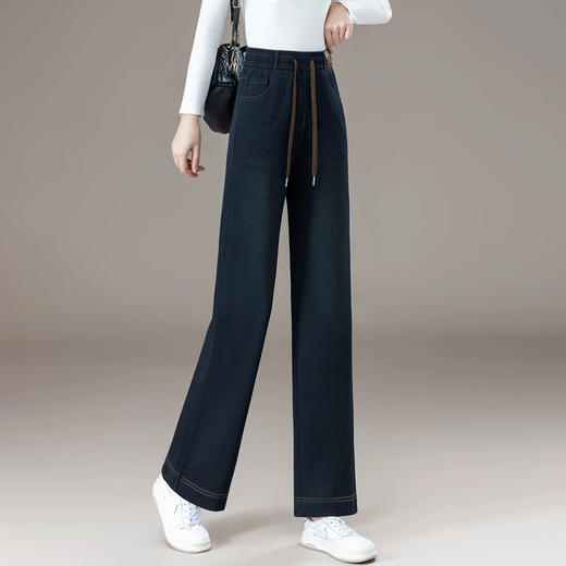 半身缘女裤 冬季保暖松紧腰阔腿裤加厚加绒直筒牛仔裤254202U10120133 商品图1