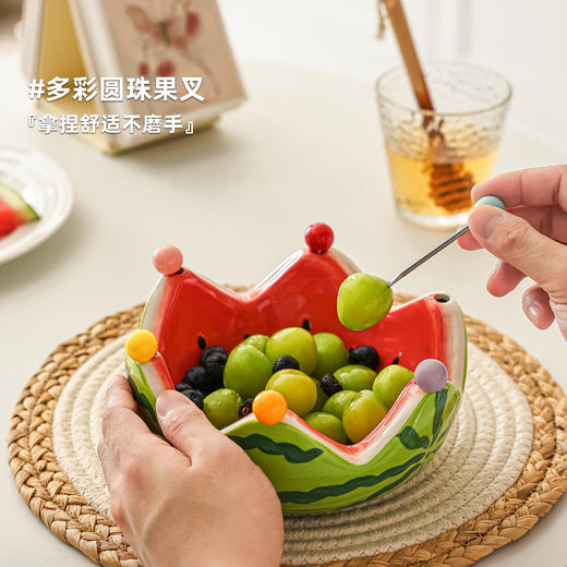 【碗叉合一体❗️提升家居幸福感】创意西瓜造型陶瓷果盘水果叉套装家用客厅茶几水果签甜品叉收纳碗。jb 商品图2