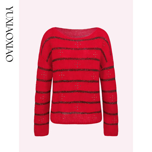 余潇潇【心花怒放】慵懒感撞色条纹马海毛混纺船领宽松落肩毛衣 商品图4