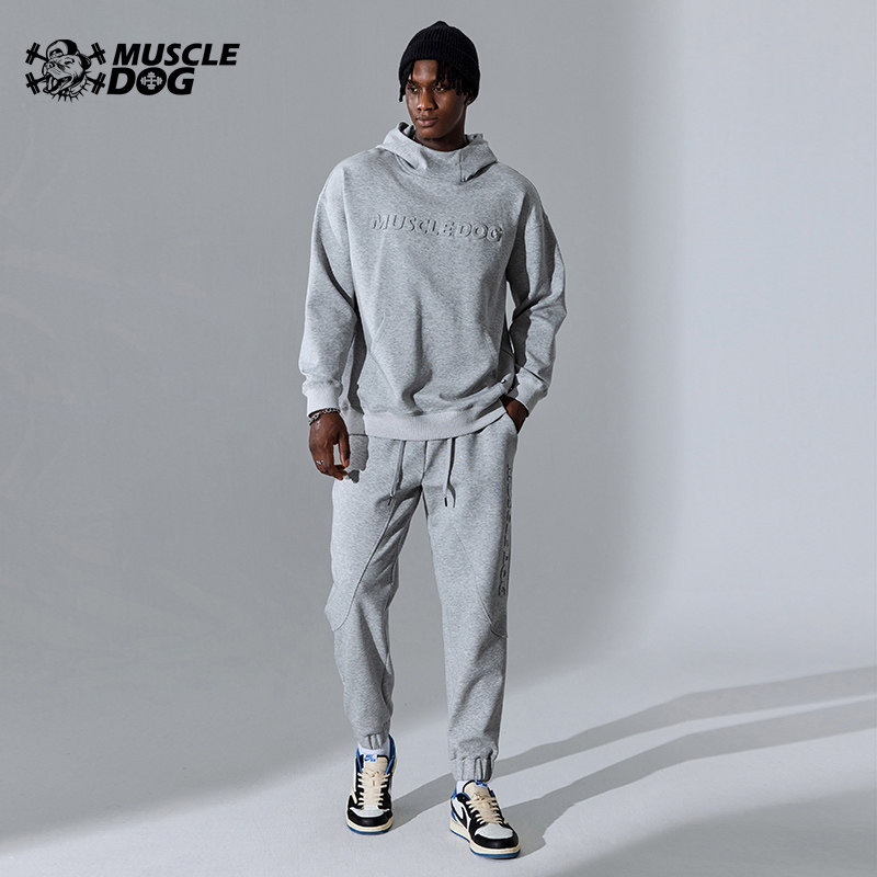 肌肉狗 运动卫衣男秋冬空气层3D压花宽松健身衣服连帽套头衫