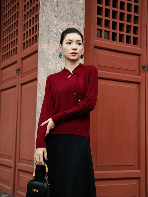 【国风盘扣坑条纹羊绒衫】羊绒世家秋冬新品女士100%山羊绒修身显瘦针织毛衣 商品图2