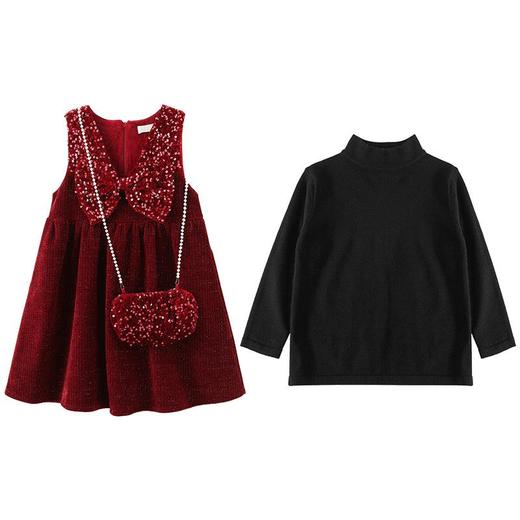 儿童亮片裙子秋冬套装女童蝴蝶结丝绒高级感时尚小女孩红色连衣裙 商品图4