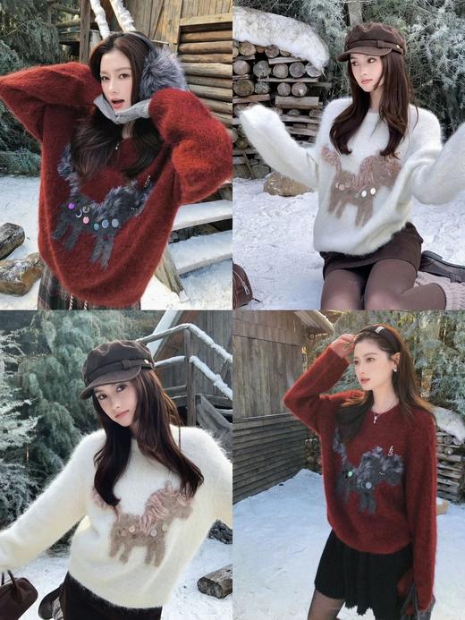 【手缝亮片长毛小马嵌花圆领毛衣】羊驼羊毛面料+彩色的毛绒+炫彩亮片+闪钻的装饰，让这件毛衣更有细节感WD 商品图0