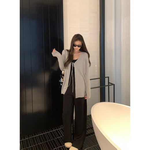 EKOOL 中长款长袖针织开衫女早秋新款宽松百搭薄款绑带短款上衣 商品图0