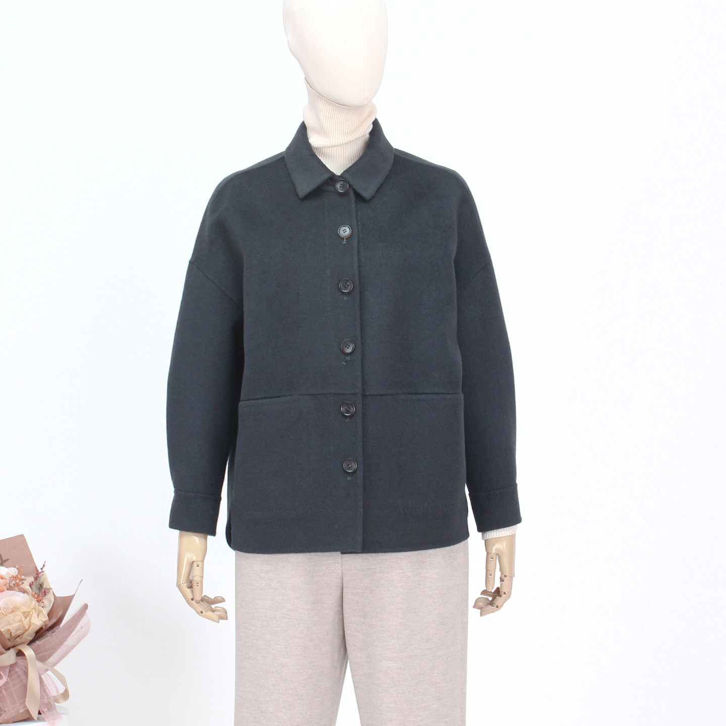 FOCALS福柯斯新款简约休闲纯色羊毛双面呢大衣短外套FRSDR591BG