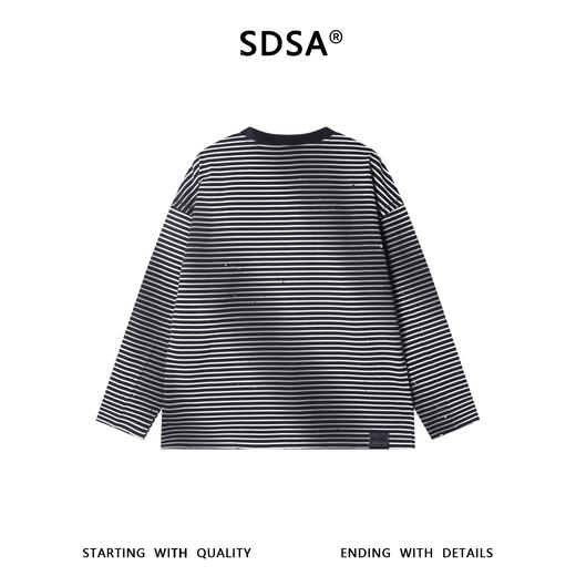 8230SDSA男士秋冬新款痞帅男装韩版撞色破洞泼墨条纹圆领长袖T恤百搭 商品图5