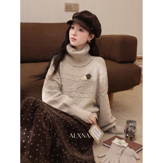 鹿向南「莫奈花园」咖色碎花半身裙女秋冬新款修身高腰毛边中长裙 商品图3