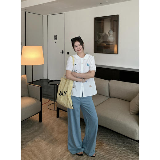 EKOOL衣库 重工花边刺绣短袖衬衫女夏季设计感小众娃娃领薄款衬衣 商品图2