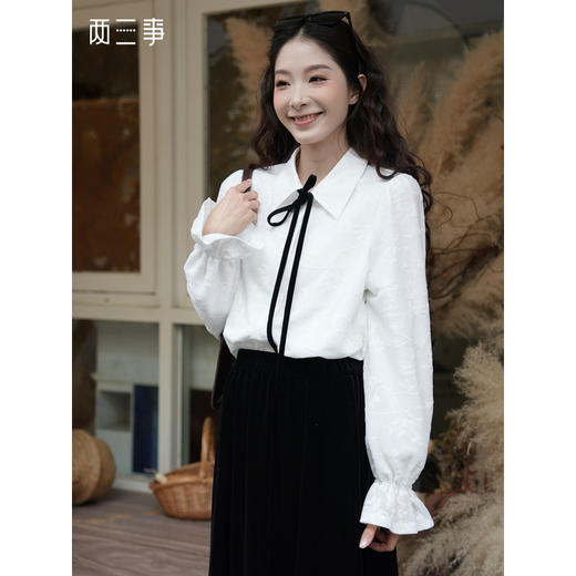 两三事 晨露书卷 2025冬季新款温柔风提花绑带长袖衬衫女宽松 商品图0