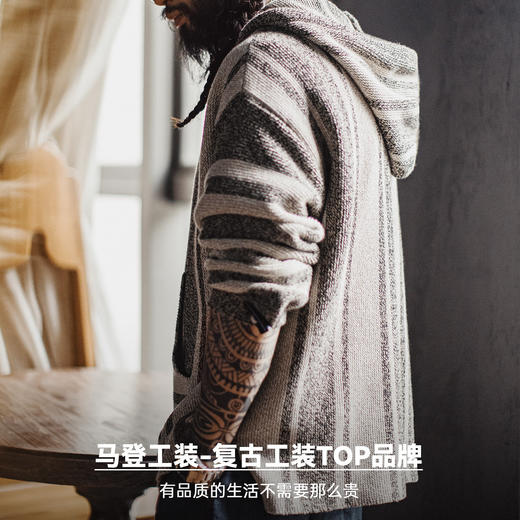 马登工装美式复古巴哈半开襟连帽卫衣套头针织衫薄款垂感外套男春 商品图4