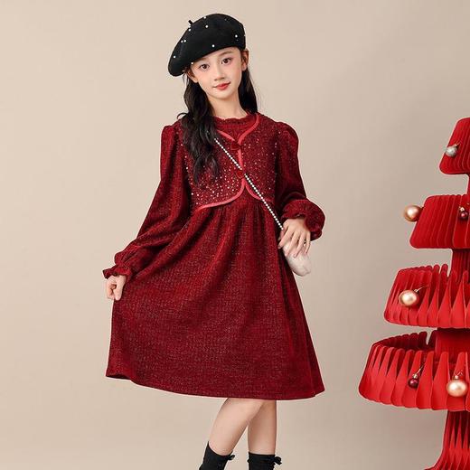 儿童一体绒公主裙连衣裙红色冬季裙子假两件女童新年加绒秋冬礼服 商品图1