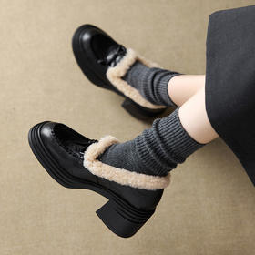 OLD j65-7粗跟复古风加绒乐福鞋厚底一脚蹬保暖毛毛鞋深口单鞋