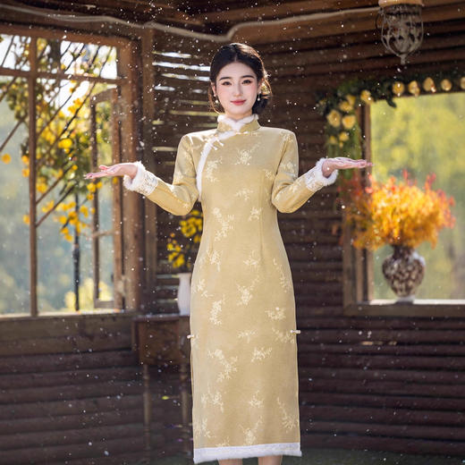 MYJ 改良新中式加绒保暖毛绒领旗袍素雅日常穿 商品图0