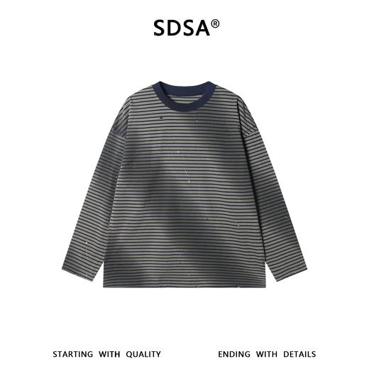 8230SDSA男士秋冬新款痞帅男装韩版撞色破洞泼墨条纹圆领长袖T恤百搭 商品图1