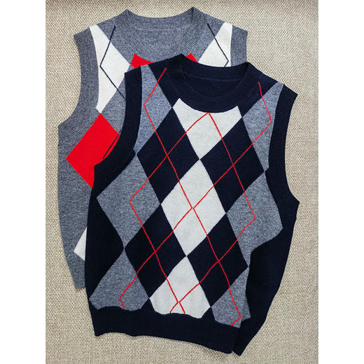 棋盘女王100%超细支绵羊毛 菱格知识分子风格 圆领马甲背心 拼色减龄 商品图2