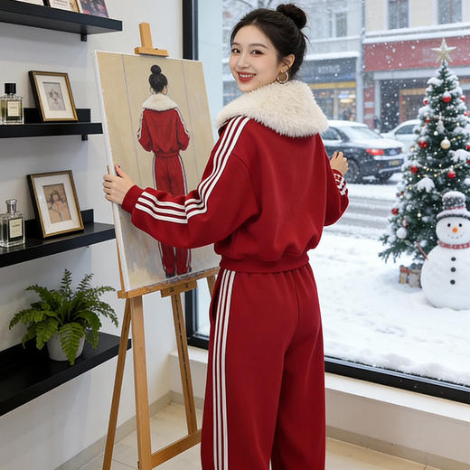 DL 98256新年红休闲运动套装减龄显瘦加绒加厚卫衣阔腿裤两件套 商品图1