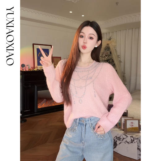 余潇潇【银河轨迹】含马海毛羊毛混纺项链式垂坠烫钻圆领宽松毛衣 商品图3