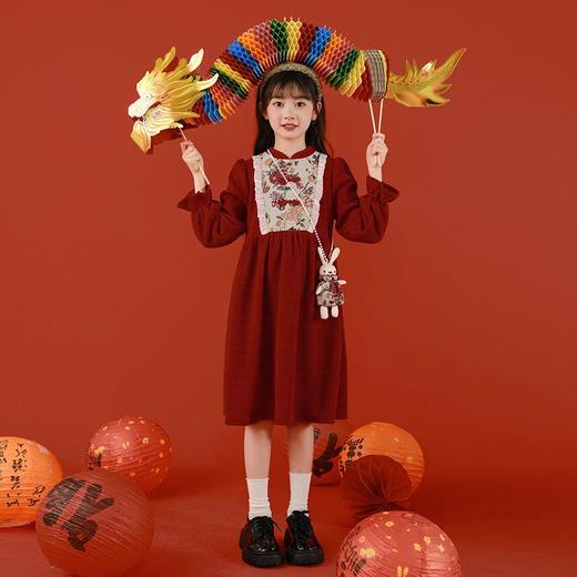 女童冬装年服红色新年主持儿童女孩连衣裙丝绒女中大童喜庆裙子 商品图3