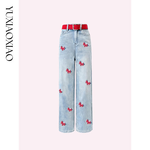 余潇潇【以梦为马】加绒小马刺绣烫钻贴花宽松显瘦显高直筒牛仔裤女 商品图4