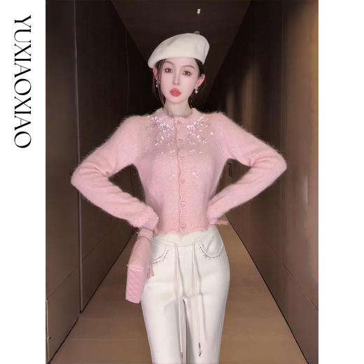 余潇潇【樱花降落】羊驼毛羊毛混纺珠片水钻立体花朵羊毛衫圆领开衫 商品图3