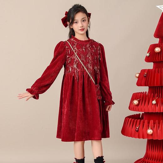 2025新款女童连衣裙流苏亮片冬装红色中大童拜年服公主裙儿童裙子 商品图1