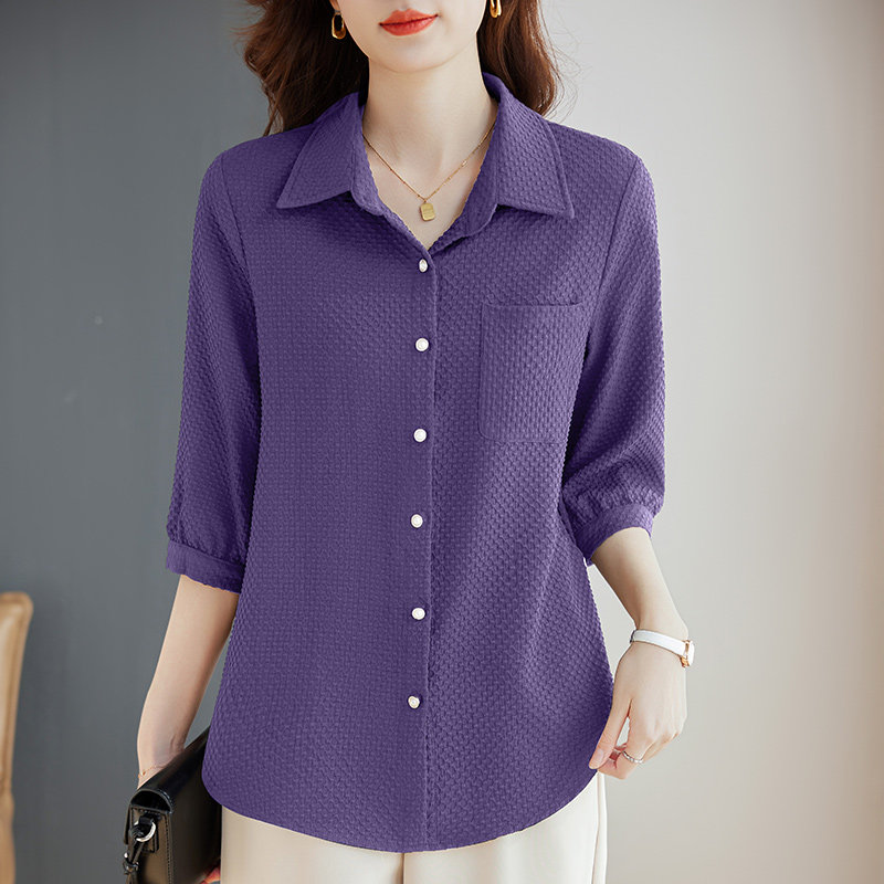 紫色七分袖女士衬衫高级感大码女装翻领衬衣春秋2025新款胖mm上衣