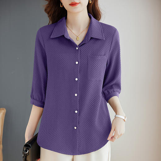 紫色七分袖女士衬衫高级感大码女装翻领衬衣春秋2025新款胖mm上衣 商品图0