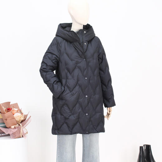 FOCALS新款简约休闲连帽绗缝白鸭绒中长款羽绒服外套FRW8D073 商品图1