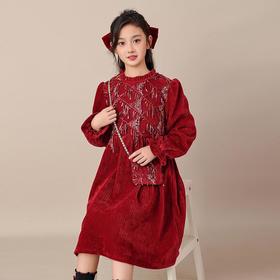 2025新款女童连衣裙流苏亮片冬装红色中大童拜年服公主裙儿童裙子