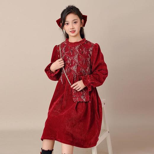 2025新款女童连衣裙流苏亮片冬装红色中大童拜年服公主裙儿童裙子 商品图0