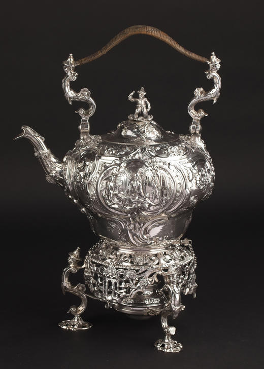 独角鹿西洋古董18世纪中期英国William Grundy银器制作工坊出品Chinoiserie中国风东方人物主题纯银精雕温水壶 商品图0