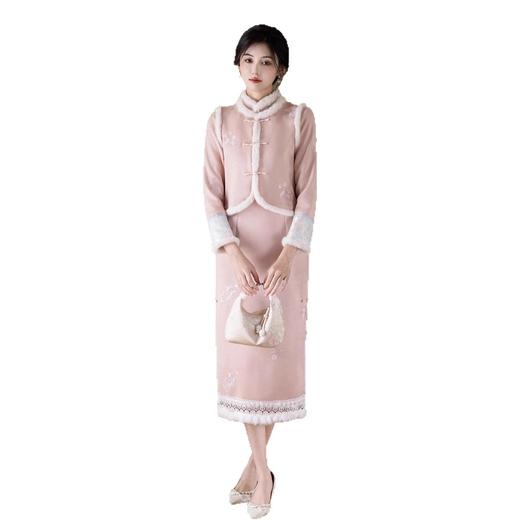 MYJ 新中式温婉显白粉色旗袍马甲套装加绒保暖日常 商品图4