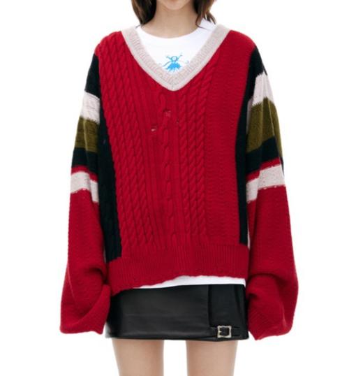 中性款做旧宽松羊绒V领针织毛衣ho 商品图1