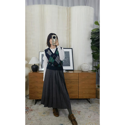 【贝拉推荐】夜间咖啡馆 文艺深灰小格纹百褶裙 精纺羊毛显瘦百搭 橡筋松紧腰头 商品图4