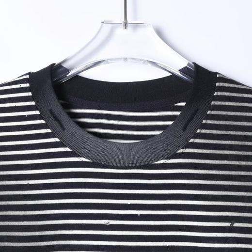 8230SDSA男士秋冬新款痞帅男装韩版撞色破洞泼墨条纹圆领长袖T恤百搭 商品图2