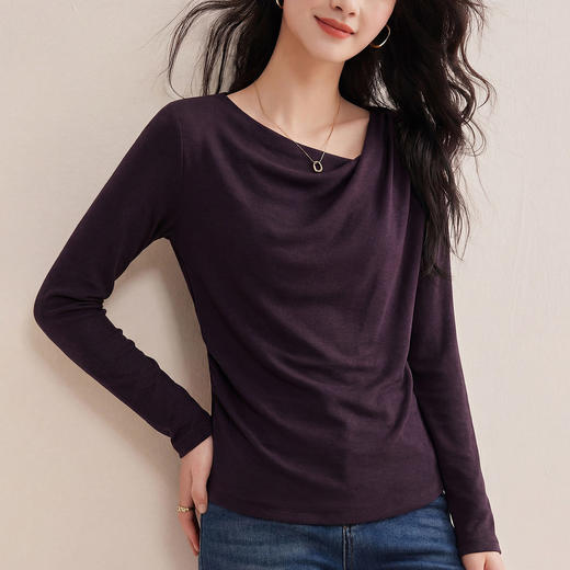 「自j」全新升级【铂金会员119/天猫159/差价40】(01930)洛诗琳气质斜荡领不规则T恤2025早春设计感收腰修身显瘦上衣 商品图3