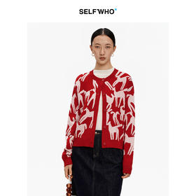 SELFWHO绵羊毛混纺撞色提花生肖马毛衣女2026春新款圆领针织上衣