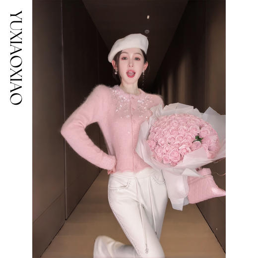 余潇潇【樱花降落】羊驼毛羊毛混纺珠片水钻立体花朵羊毛衫圆领开衫 商品图2