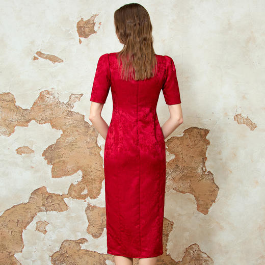 EITIE爱特爱挂脖方领复古开叉暗纹新中式旗袍连衣裙2025春季新款8177802 商品图4