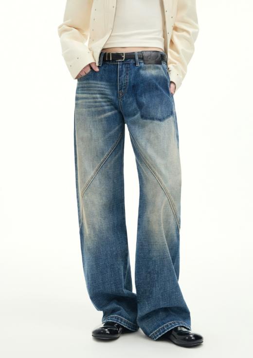 出逃赤岗西/25AWN140/复古蓝切割设计猫须廓形牛仔阔腿裤 商品图0